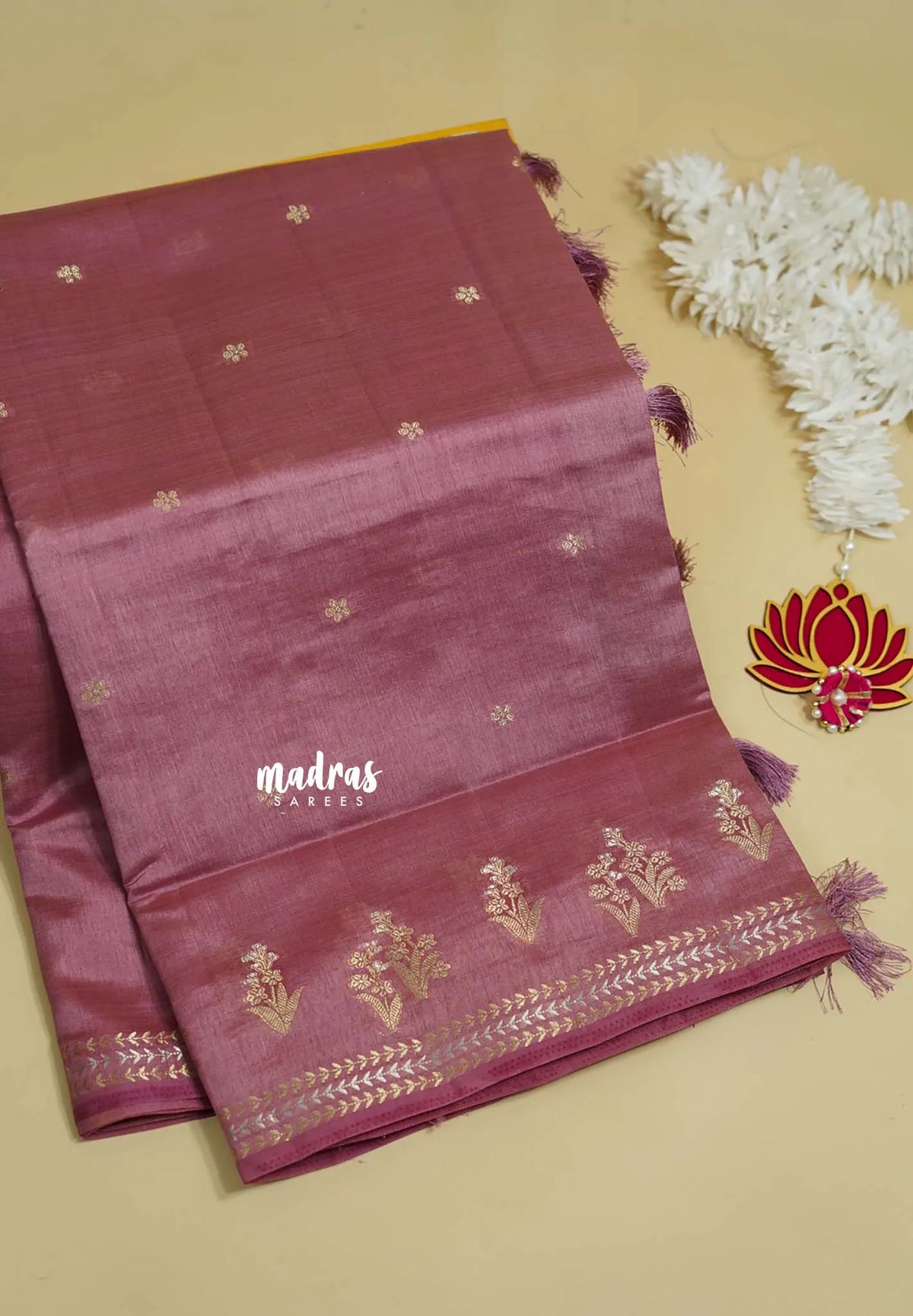 Onion Pink - Raaga - Lightweight Semi tussar saree with small floral border with buttas