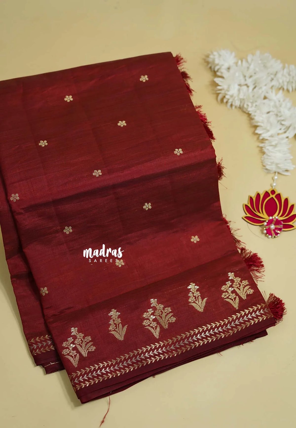 Majestic Maroon - Raaga - Lightweight Semi tussar saree with small floral border with buttas