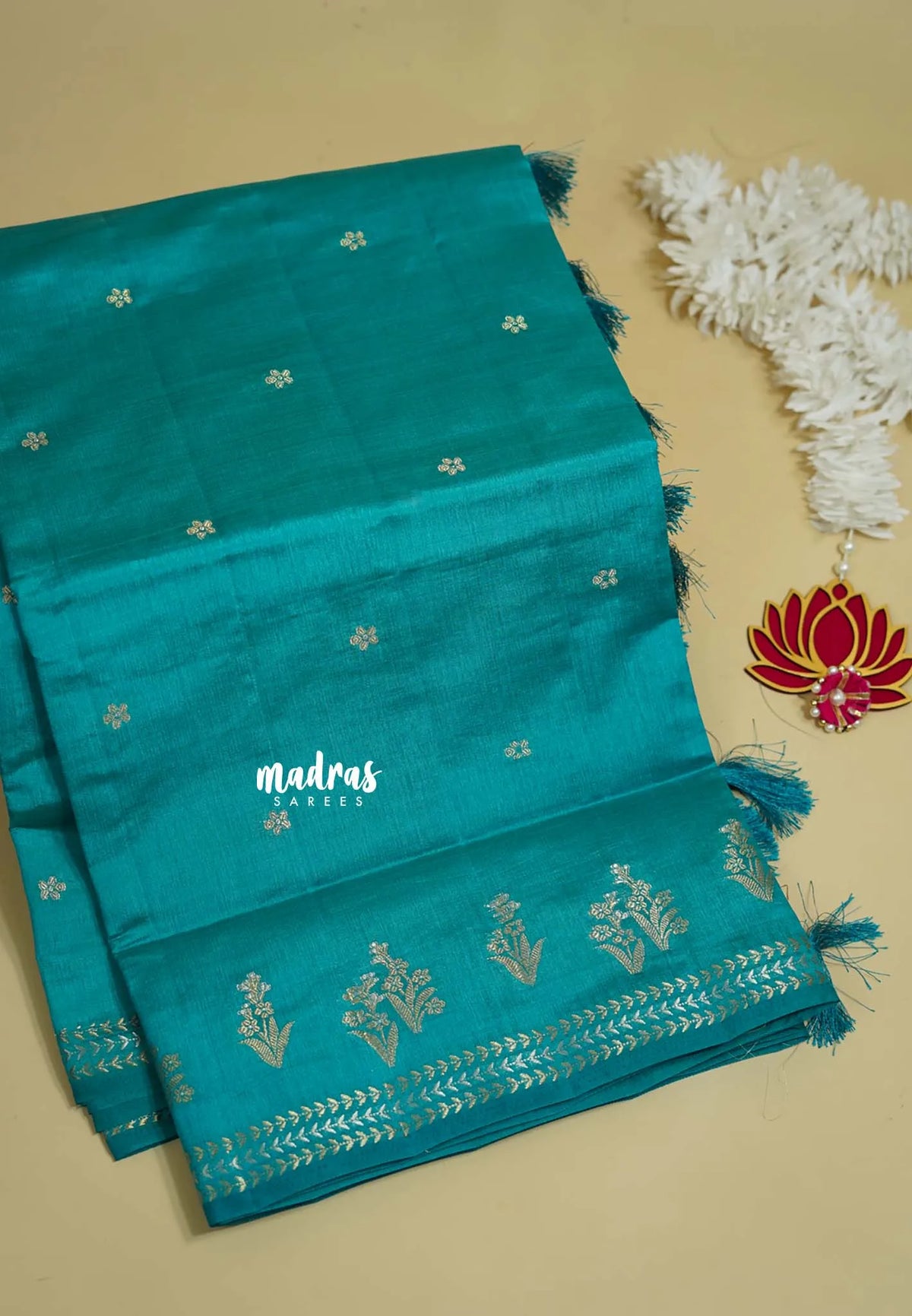 Teal Blue - Raaga - Lightweight Semi tussar saree with small floral border with buttas