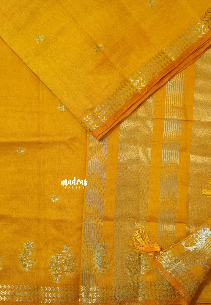 Mango Yellow - Raaga - Lightweight Semi tussar saree with small floral border with buttas