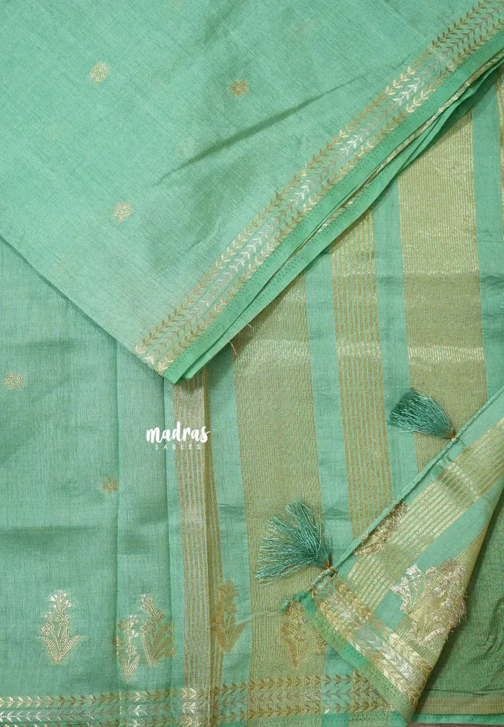 Pista Green - Raaga - Lightweight Semi tussar saree with small floral border with buttas