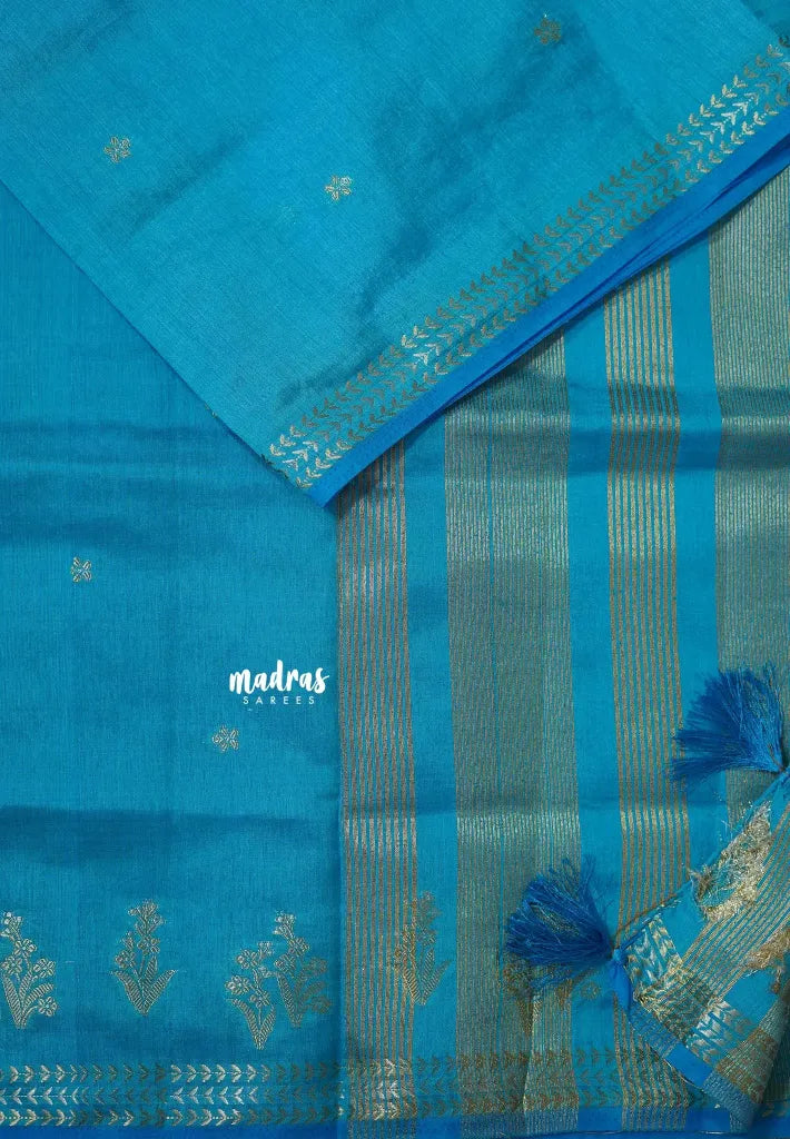 Ananda Blue - Raaga - Lightweight Semi tussar saree with small floral border with buttas