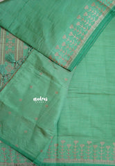 Dual Shade Seafoam Green - Raaga - Semi Tussar Heart Stripes Border with piping