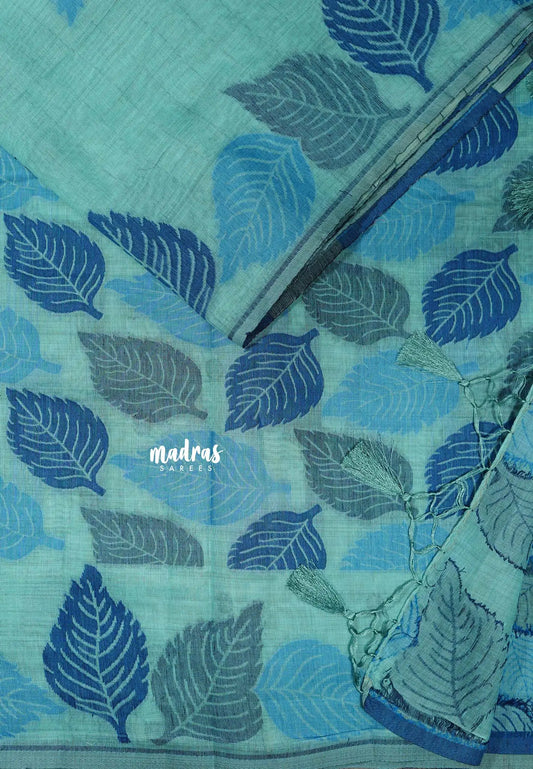 Serene Sky  Blue - Raaga - Lightweight Semi tussar thread weaving leaf border