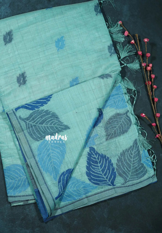 Serene Sky  Blue - Raaga - Lightweight Semi tussar thread weaving leaf border