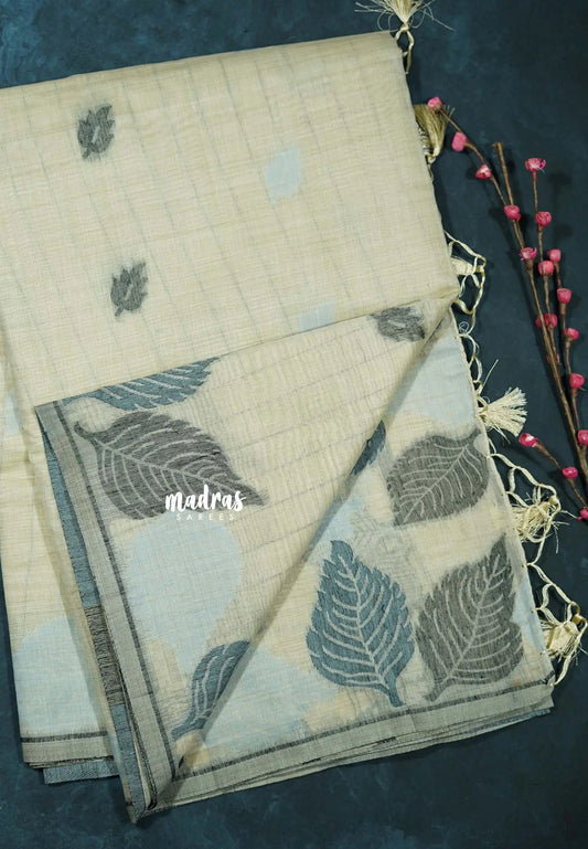 Creamy Half white - Raaga - Lightweight Semi tussar thread weaving leaf border