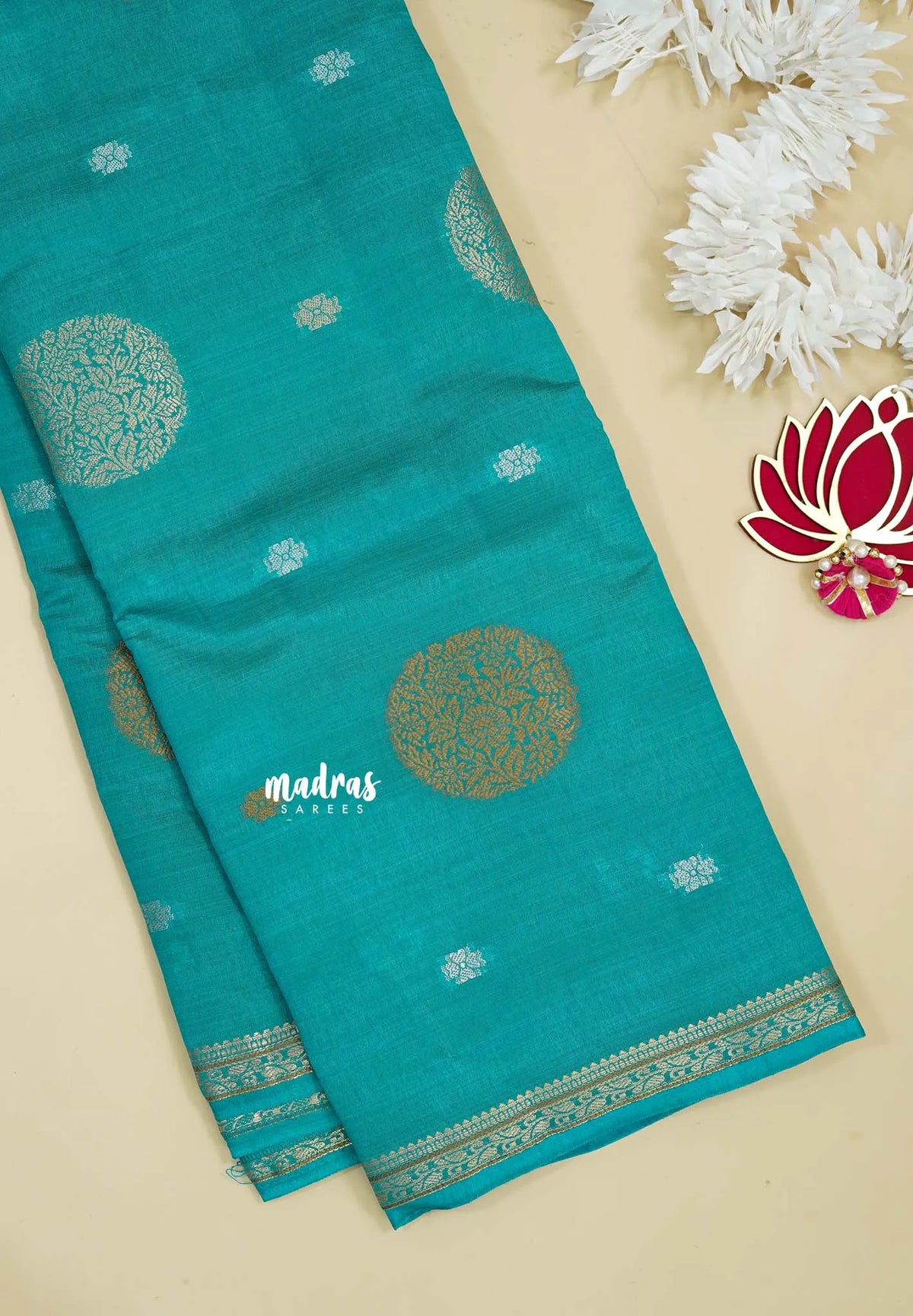Teal Blue - Raaga - Semi Tussar Saree Thread Weaving  Buttas with Tiny Border