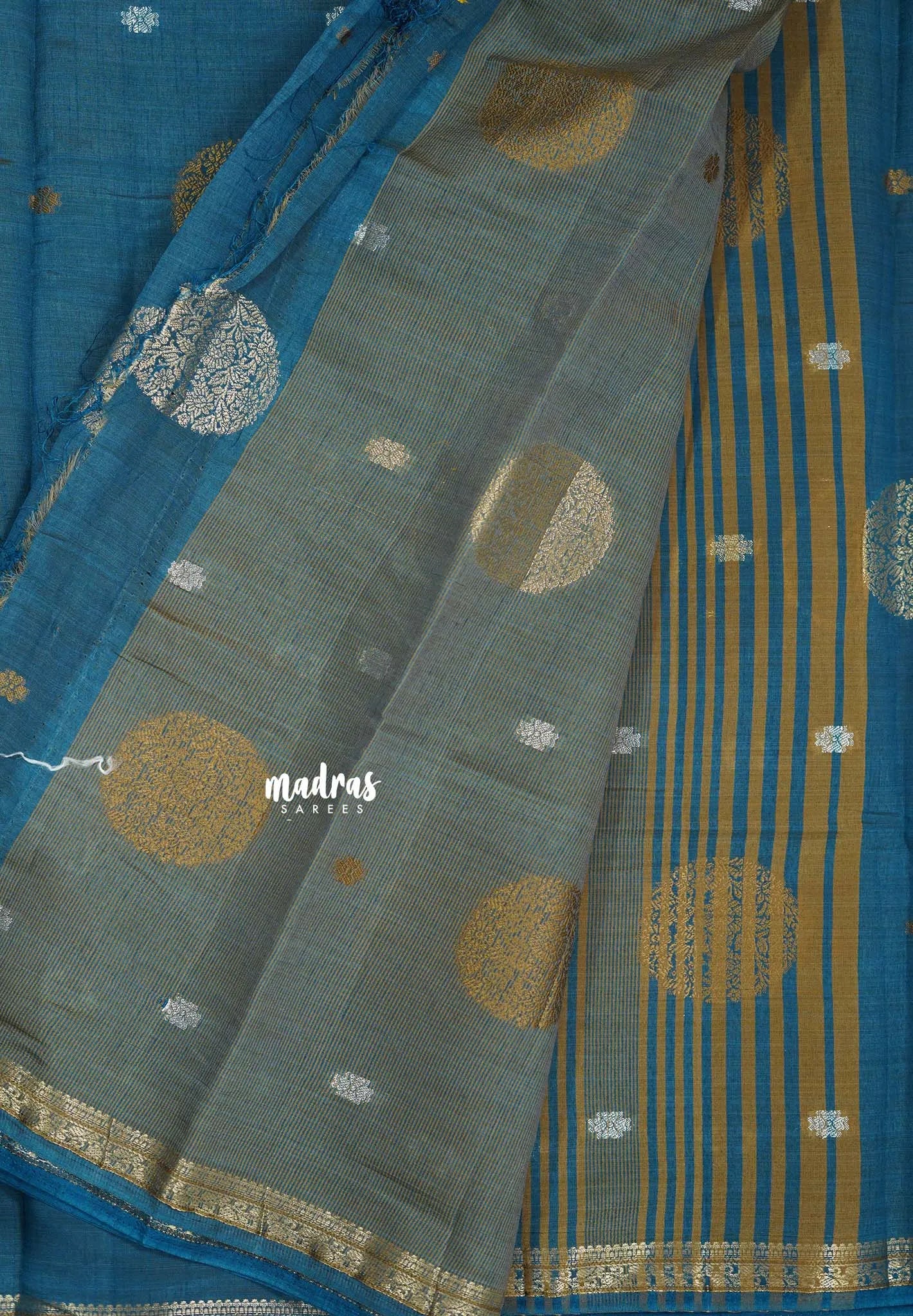 Peacock Blue - Raaga - Semi Tussar Saree Thread Weaving  Buttas with Tiny Border