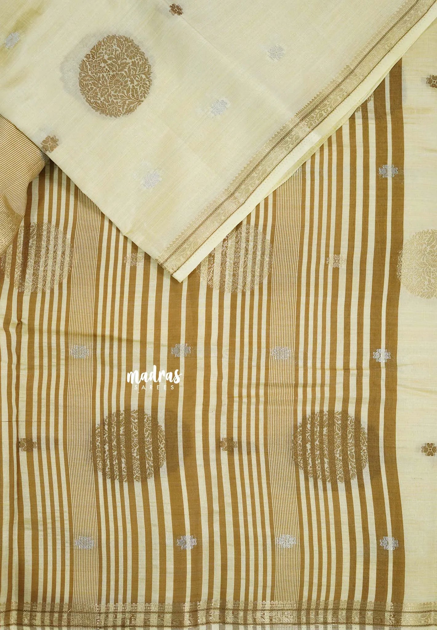 Ivory Cream  - Raaga - Semi Tussar Saree Thread Weaving  Buttas with Tiny Border