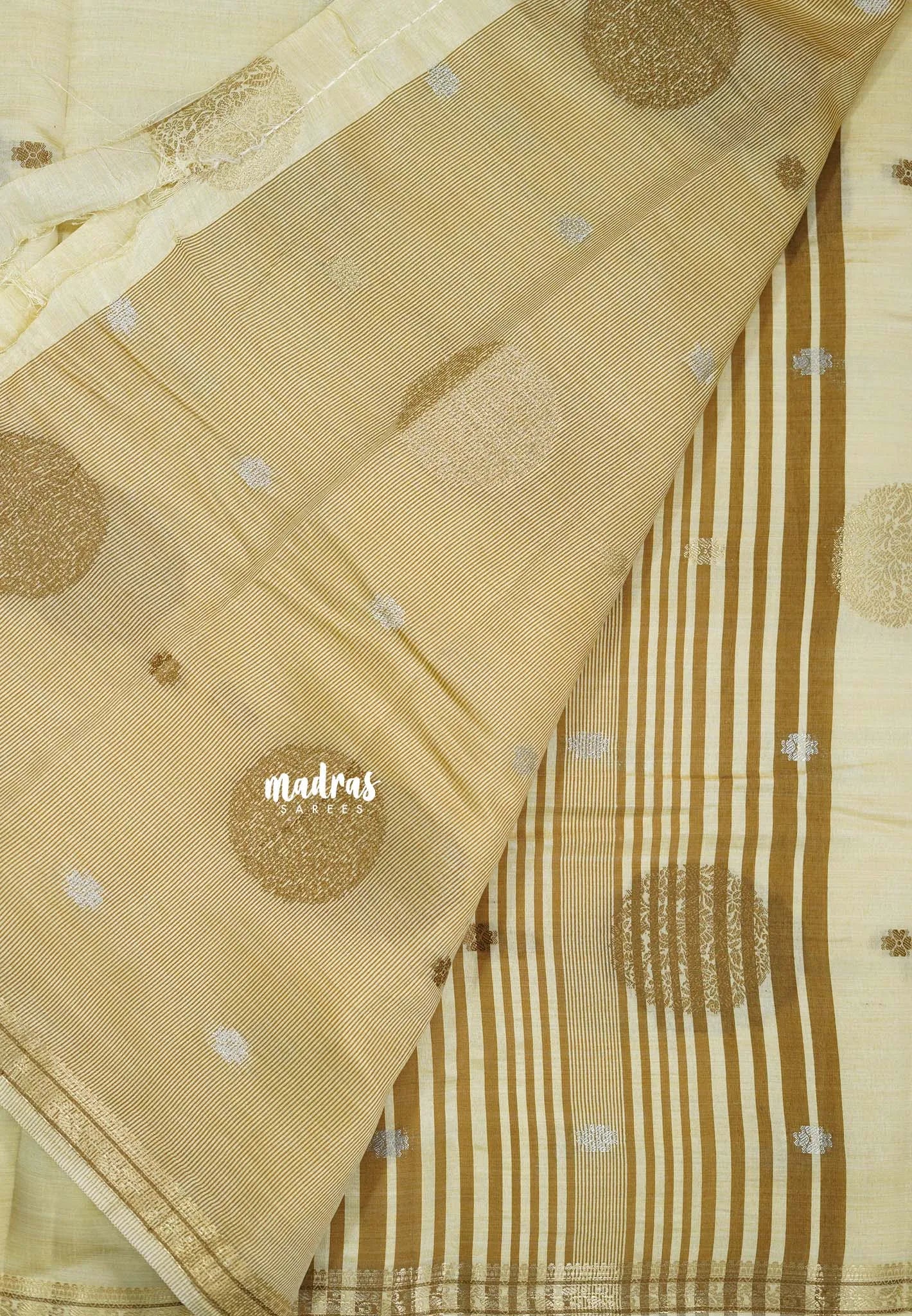 Ivory Cream  - Raaga - Semi Tussar Saree Thread Weaving  Buttas with Tiny Border