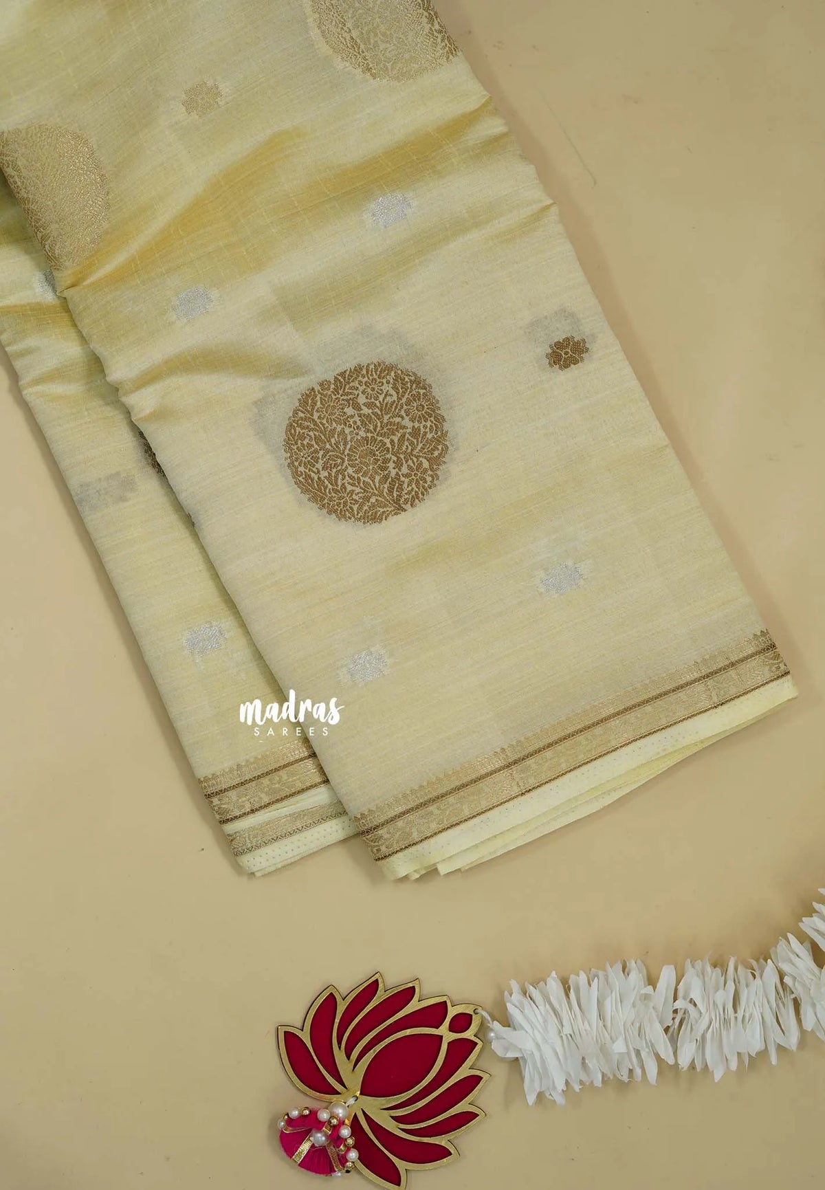Ivory Cream  - Raaga - Semi Tussar Saree Thread Weaving  Buttas with Tiny Border
