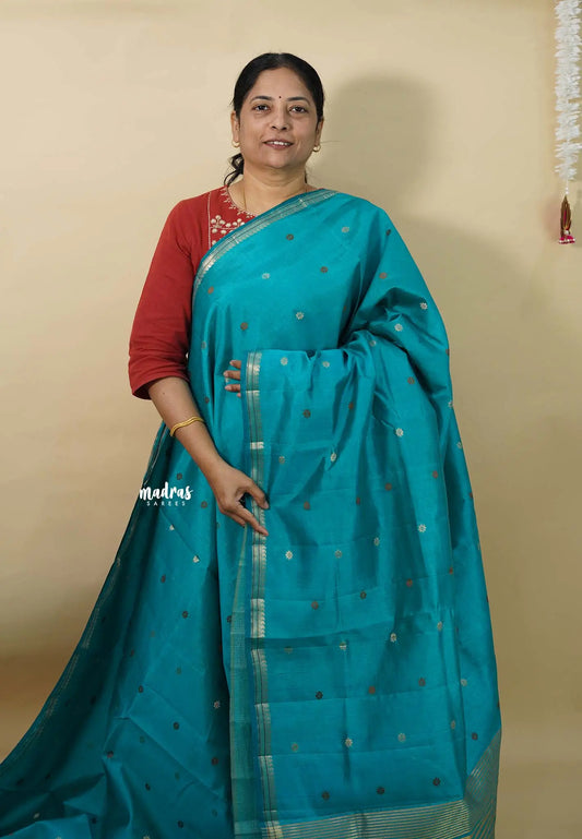 Teal Blue - Raaga - Semi Tussar Tiny Border with Buttas