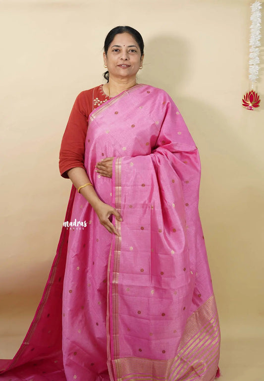 Rose Pink - Raaga - Semi Tussar Tiny Border with Buttas