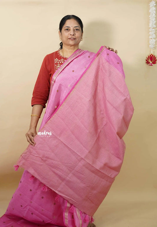 Rose Pink - Raaga - Semi Tussar Tiny Border with Buttas