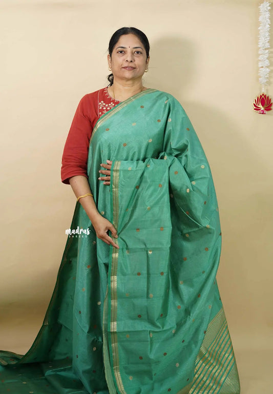 Dark Pista Green  - Raaga - Semi Tussar Tiny Border with Buttas