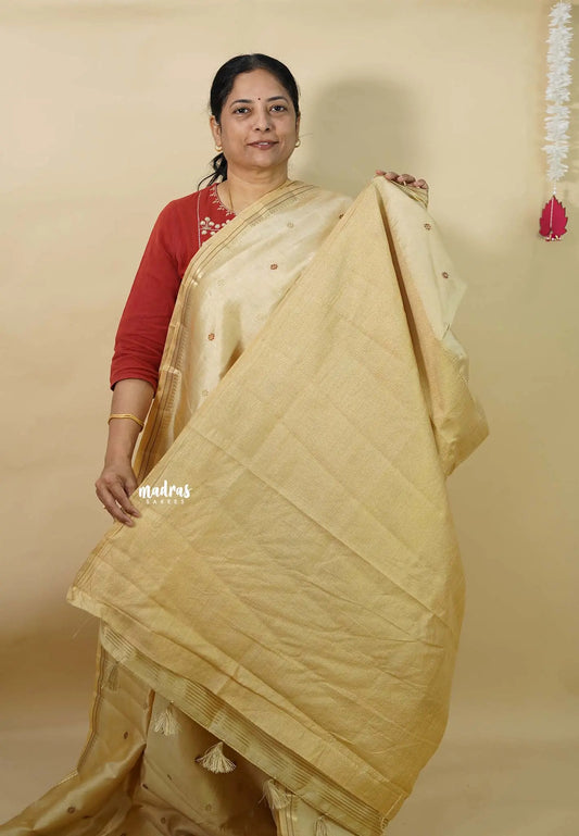 Beige Sandal - Raaga - Semi Tussar Tiny Border with Buttas