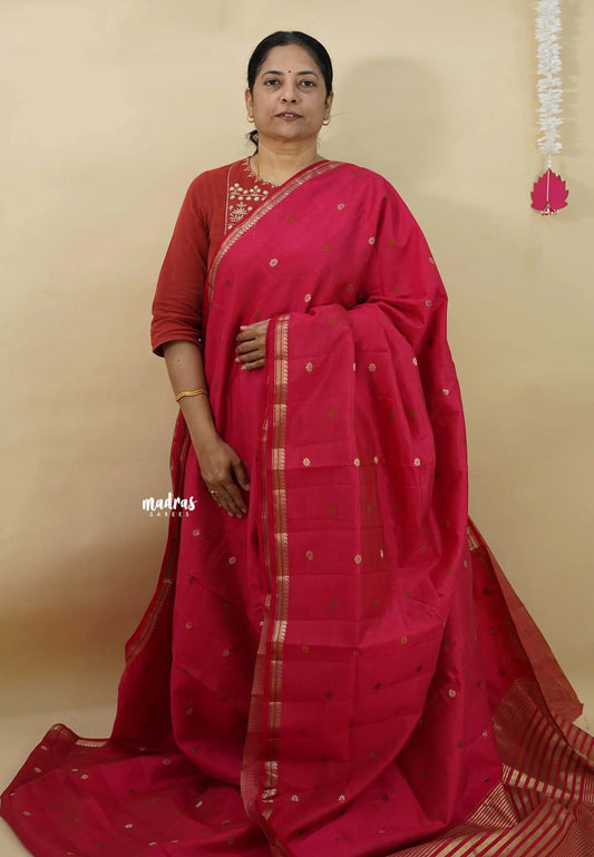 Queen's Pink  - Raaga - Semi Tussar Tiny Border with Buttas