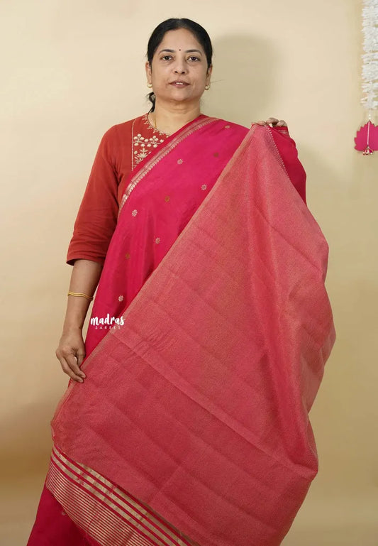 Queen's Pink  - Raaga - Semi Tussar Tiny Border with Buttas