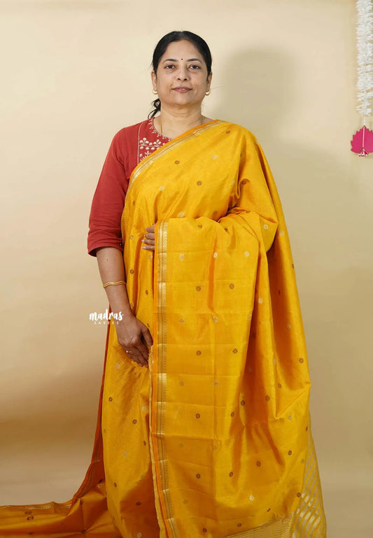 Mango Yellow  - Raaga - Semi Tussar Tiny Border with Buttas