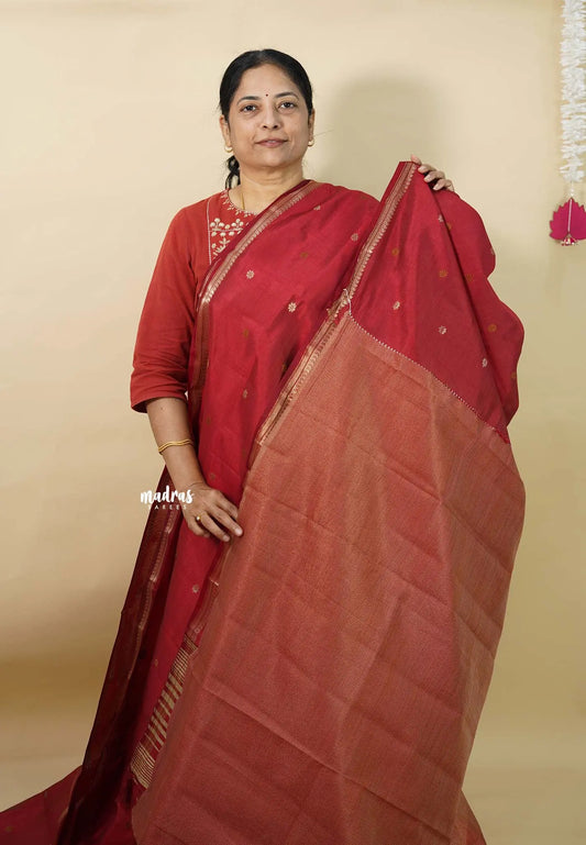 Majestic Maroon - Raaga - Semi Tussar Tiny Border with Buttas