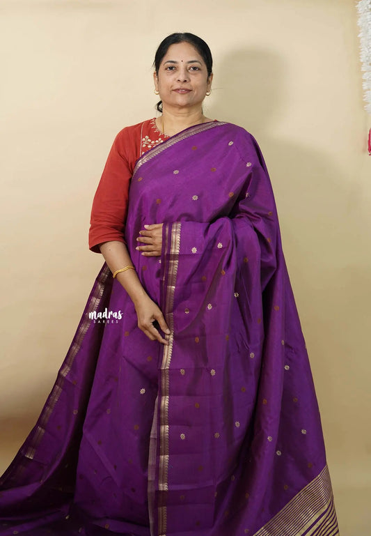 Rich Purple - Raaga - Semi Tussar Tiny Border with Buttas