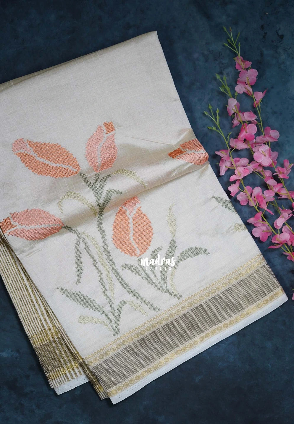 Ivory Beige & Peach Orange - Raaga - Lightweight Semi Tussar Saree with Tulip Flower Petite Embroidery and Zari Border - Best for Wedding Functions