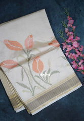 Ivory Beige & Peach Orange - Raaga - Lightweight Semi Tussar Saree with Tulip Flower Petite Embroidery and Zari Border - Best for Wedding Functions