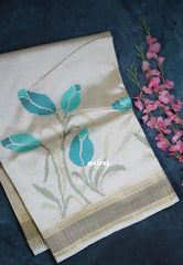 Ivory Beige & Turquoise Blue - Raaga - Lightweight Semi Tussar Saree with Tulip Flower Petite Embroidery and Zari Border - Best for Wedding Functions