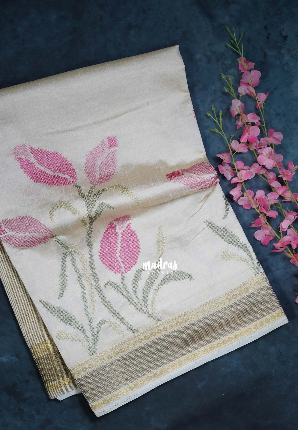 Ivory Beige & Pink - Raaga - Lightweight Semi Tussar Saree with Tulip Flower Petite Embroidery and Zari Border - Best for Wedding Functions