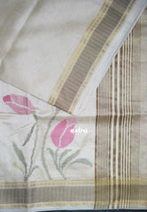 Ivory Beige & Pink - Raaga - Lightweight Semi Tussar Saree with Tulip Flower Petite Embroidery and Zari Border - Best for Wedding Functions