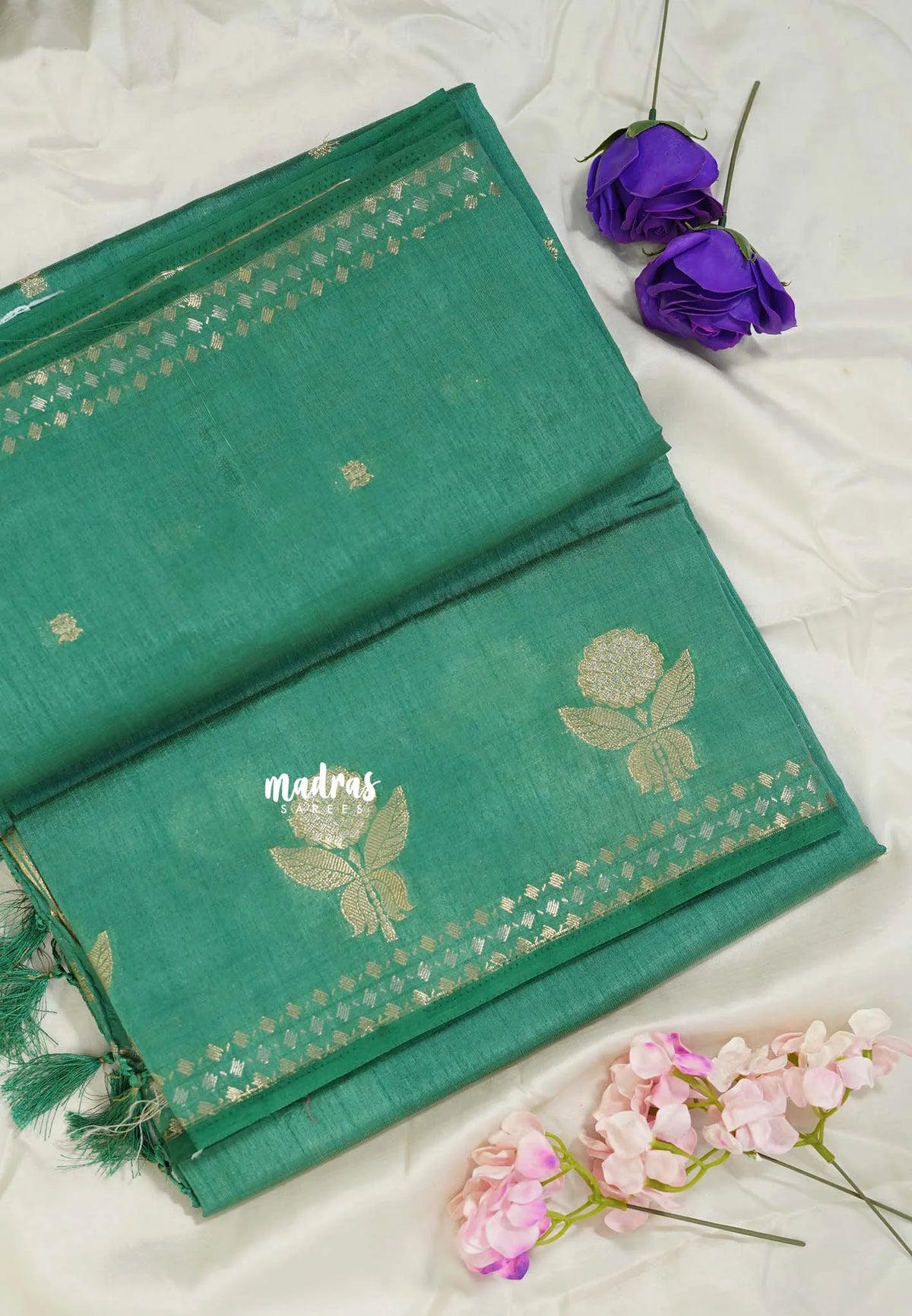 Seafoam Green - Raaga - Lightweight Semi tussar saree with zari bloom border with buttas - Perfect for Festive Moments