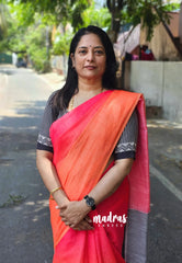 (PRE-BOOKING) Strawberry Orange Popsicle - Linen Cotton Saree with Gradient Ombre tone with Stripes Pallu and Blouse - Perfect for Office Wear | Summer wear | Casual Wear