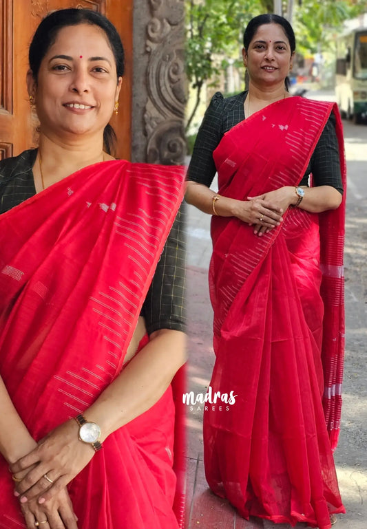 Crimson red - Maheswari - Premium cotton silk with with silver thread temple weaving