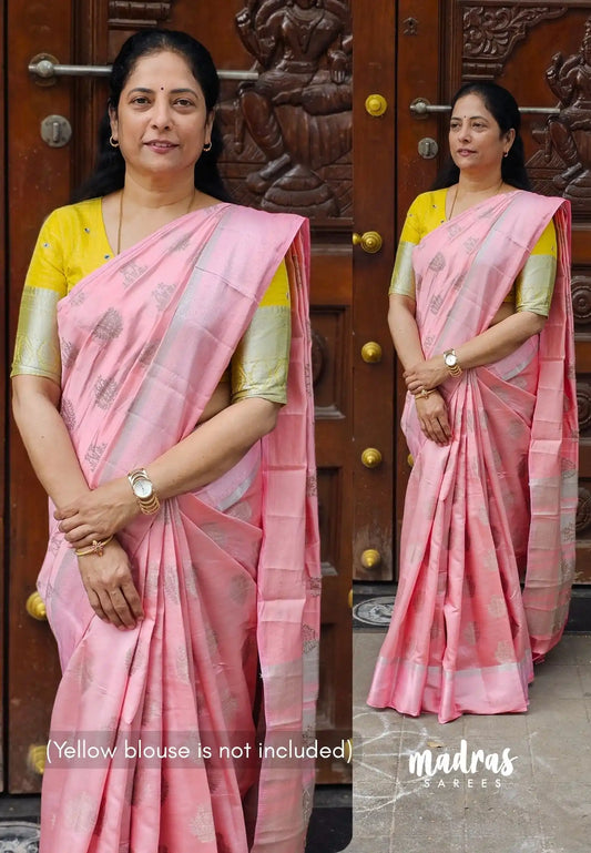 (PRE-BOOKING) Baby pink - Raaga - Lightweight thread border Semi tussar with silver buttas