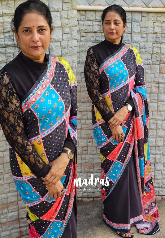 Multicolor with black - Mirror Work Chinon Silk Partly Pallu Saree with Rich Pallu