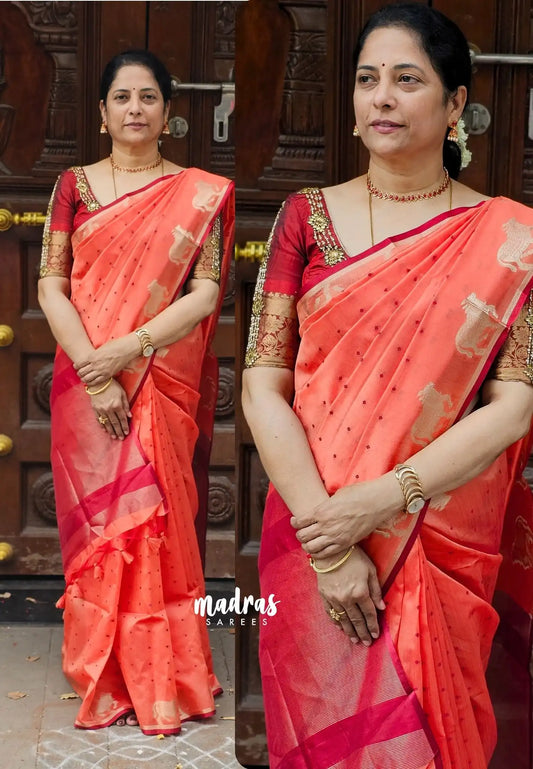 (PRE-BOOKING) Peach - Manjari - Premium raw silk with full weaving buttas pichwai cow border