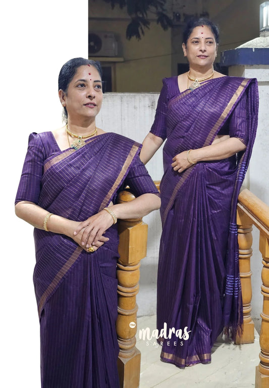 Purple - khadi silk zari stripes weaving with small tissue border
