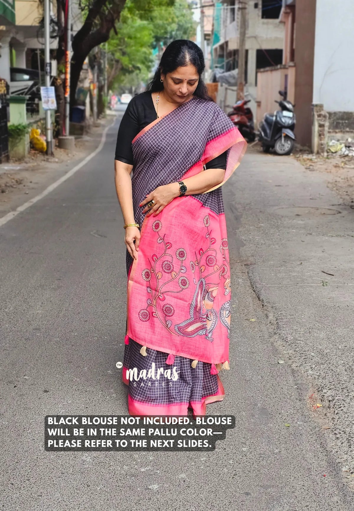 Black - Linen Cotton Saree Checks Body with Small Border - Best for Office Wear