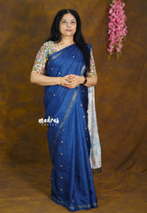(PRE-BOOKING) Nightfall Blue - Neelambari  - Semi Tussar Saree Tiny Border with kalamkari pallu and blouse - Perfect for Festive Wear