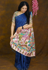 (PRE-BOOKING) Nightfall Blue - Neelambari  - Semi Tussar Saree Tiny Border with kalamkari pallu and blouse - Perfect for Festive Wear
