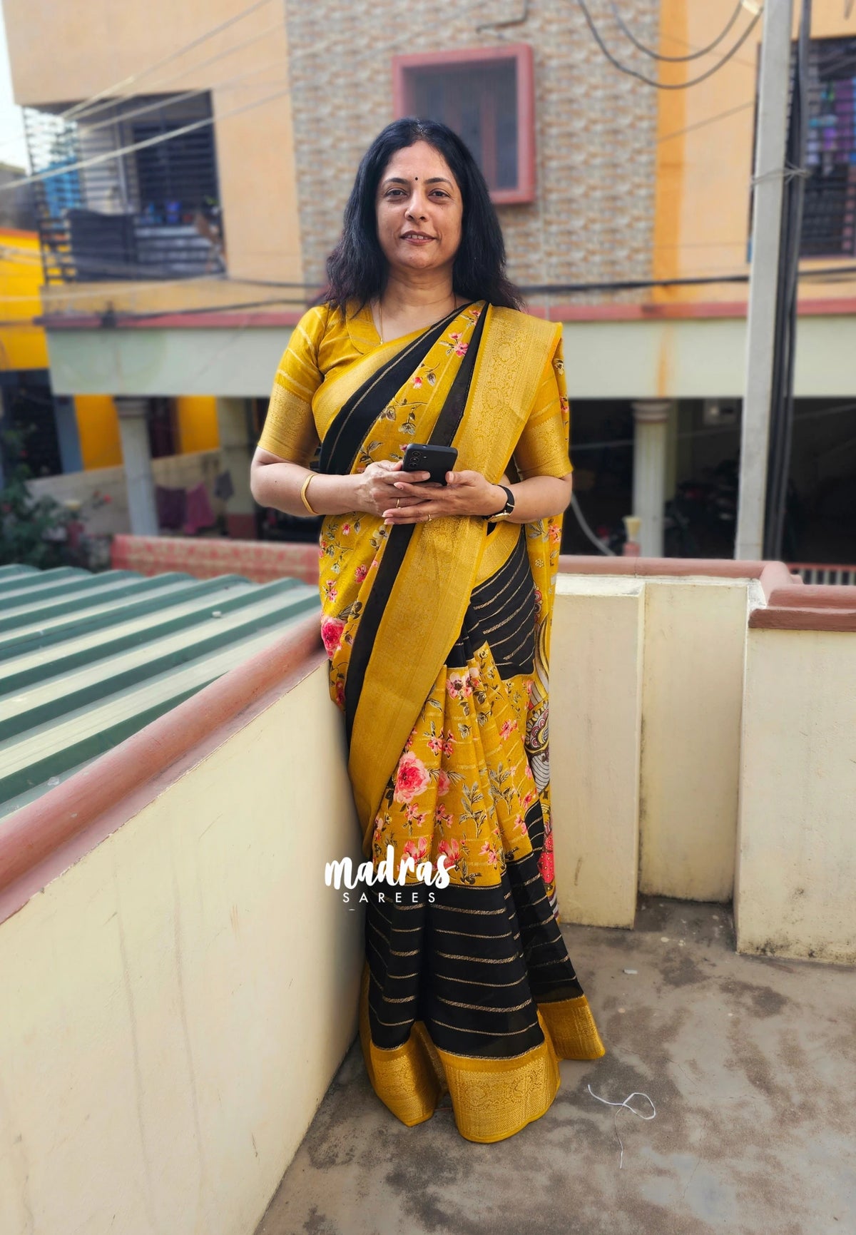 Ebony Black with Mustard Yellow - Light weight Vasundra Printed Silk with vintage muppagam design - Best for Office Wear