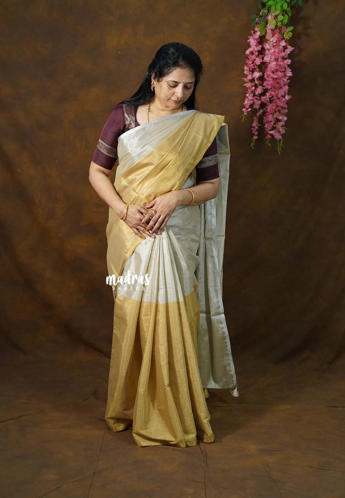MoonSun Blend - Kushboo half and half gold and silver tissue silk Saree - Best for Small Functions