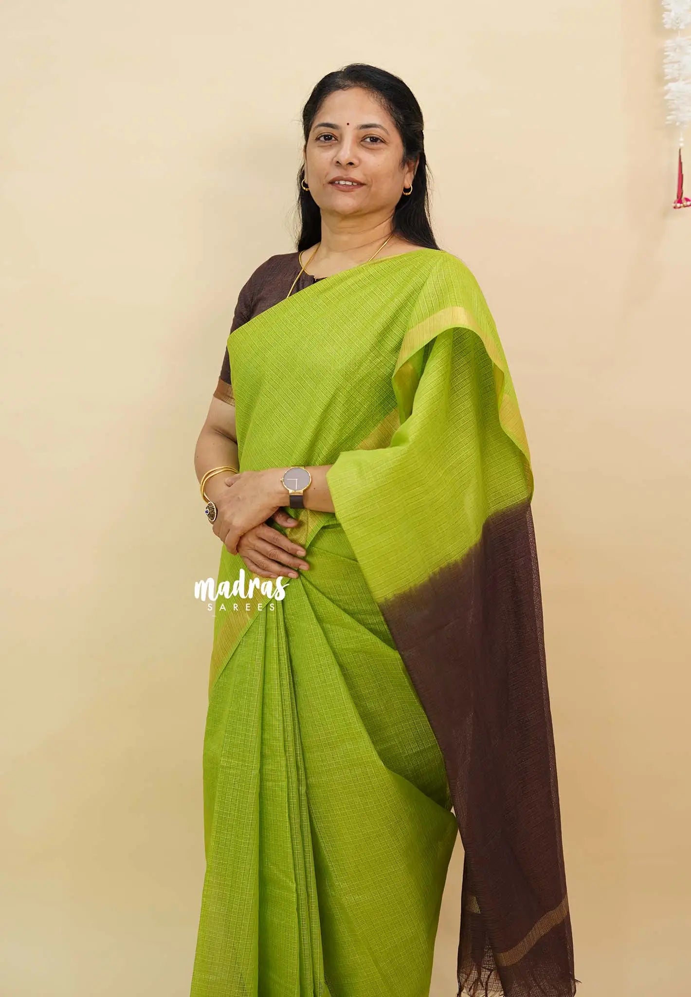 Parrot Green with Brown - Shalini Premium kota silk with small border contrast pallu and blouse