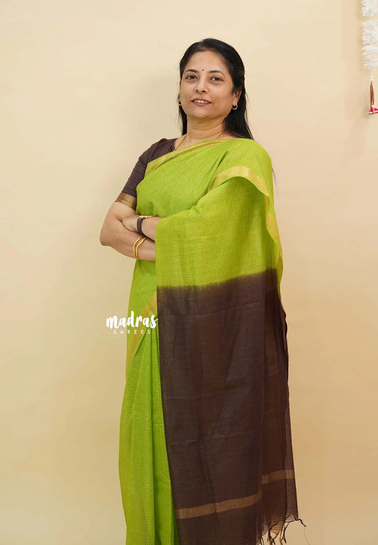 Parrot Green with Brown - Shalini Premium kota silk with small border contrast pallu and blouse
