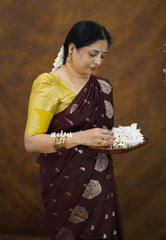 Coffee Brown - Vasantha Raagam - Banarasi mashru Silk with Antique Zari Border and buttas - Perfect for Wedding Wear