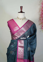 Dark Teal Shade - Ramyam -  Soft Jute Banarasi Silk with Contrast Pallu and Blouse - Perfect for Pooja Functions