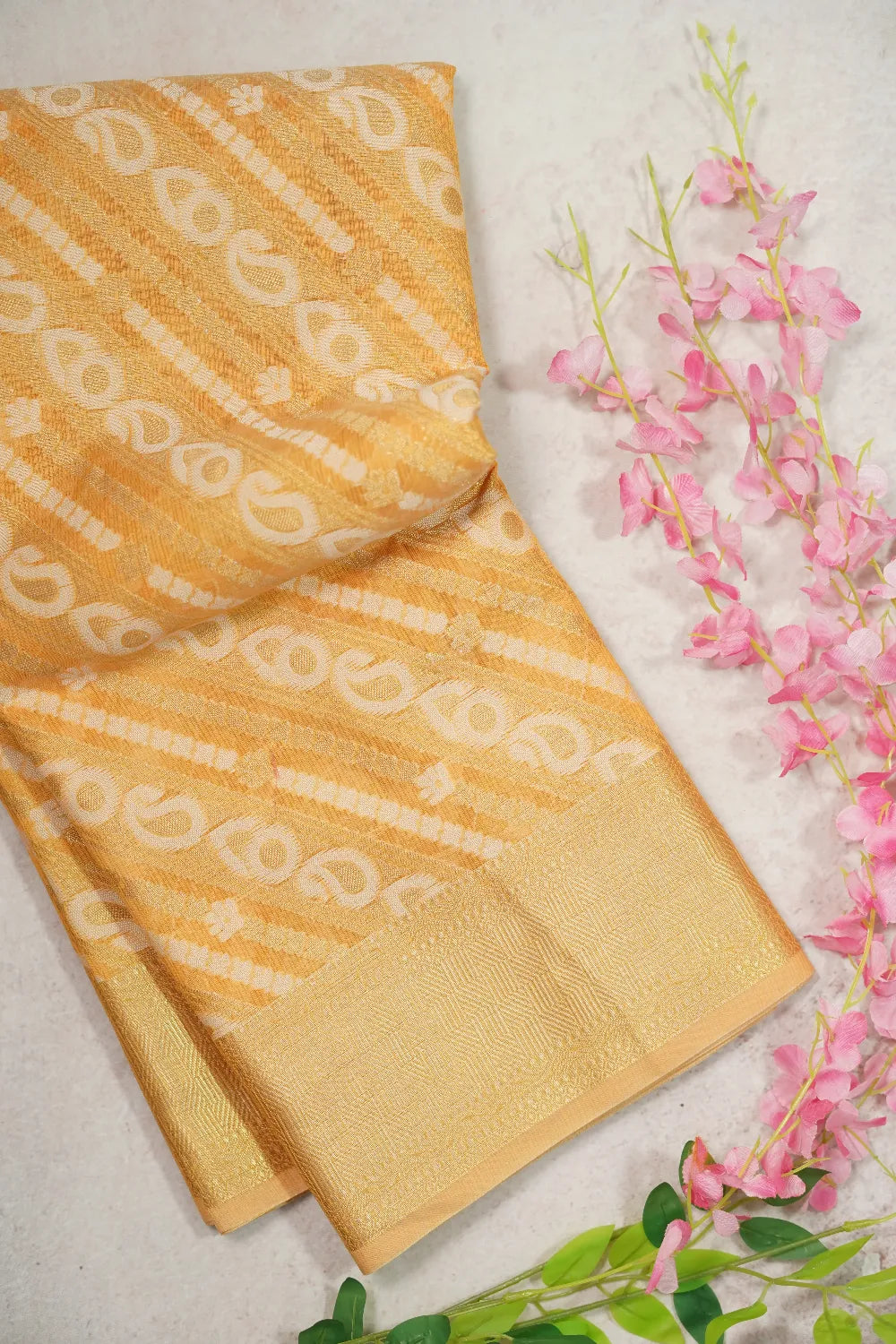 Pastel Yellowish Orange - Ramyam -  Soft Jute Banarasi Weaving with Grand Pallu and Blouse - Perfect for Reception Functions