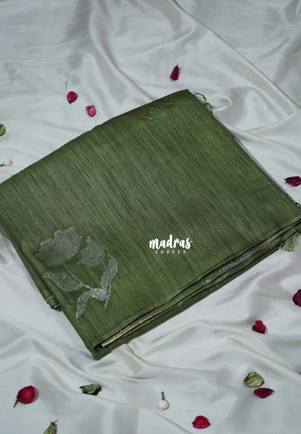 Olive Sage Green - Ramyam - Jute Silk Borderless Saree Podi Kattam & Floral Weaving Buttas - Perfect for Corporate Wear | Casual Wear