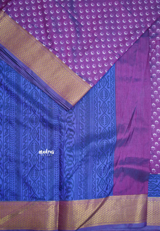 Rathi - Dual shade Semi Mysore silk with Bagru pattern - Purple