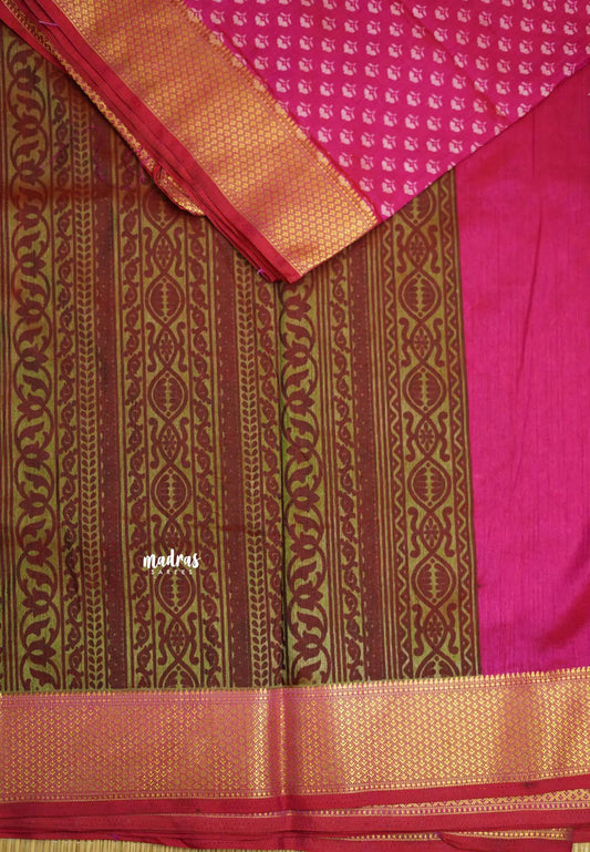 Rathi - Dual shade Semi Mysore silk with Bagru pattern - Rani Pink